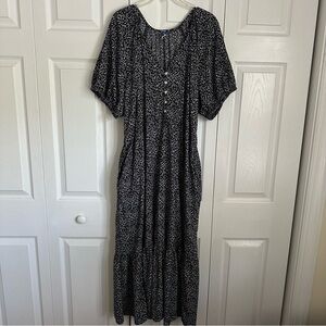 Old Navy Dress Womens 2XL Black White Ditsy Floral Maxi Puff Short Sleeve Boho